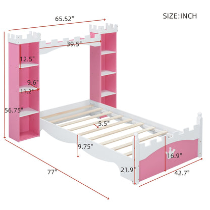 Castle Shaped Bed With Storage Shelf, Dreamy Twin Size Platform Bed For Kids Bedroom - Pink / White