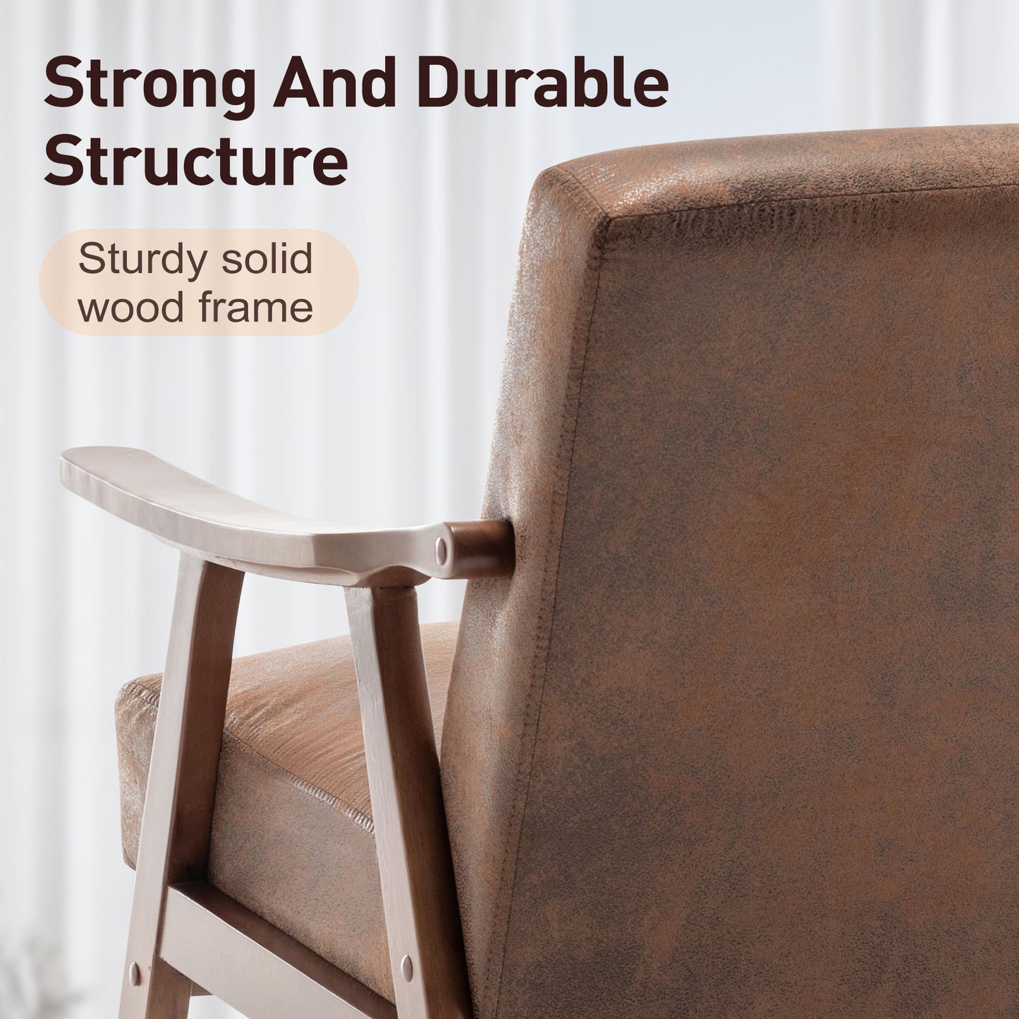 Mid Century Modern Wingback Accent Chair With Solid Wood Frame And Extra Thick Backrest - Lounge Chair For Living Room, Bedroom, Or Reading Room - Brown