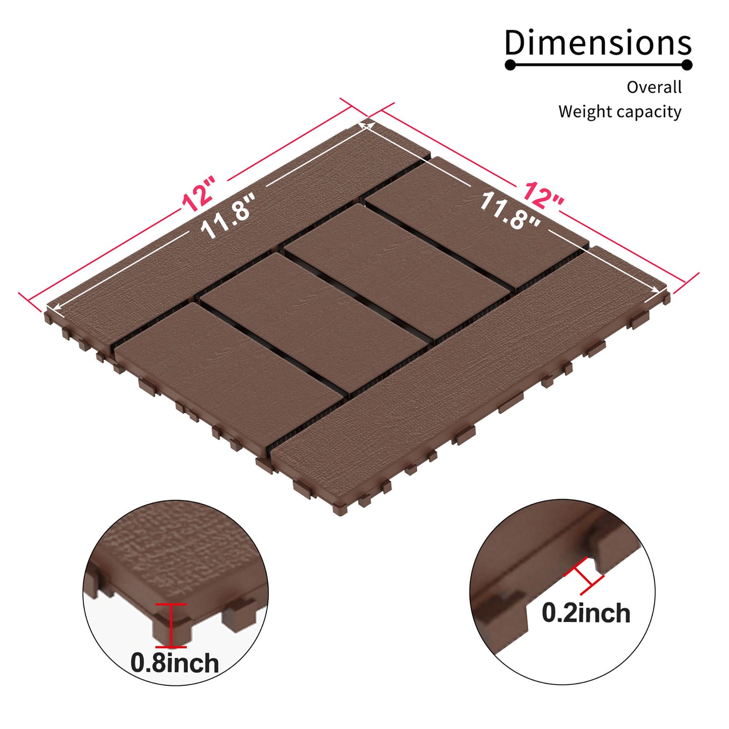 H Style Patio Deck Tiles, Diy Module Interlocking Decking Tiles Floor Tile Outdoor And Indoor, Easy And Quick Installation Court Tiles For Porch Poolside Balcony Backyard 44 Pieces - - Red Brown