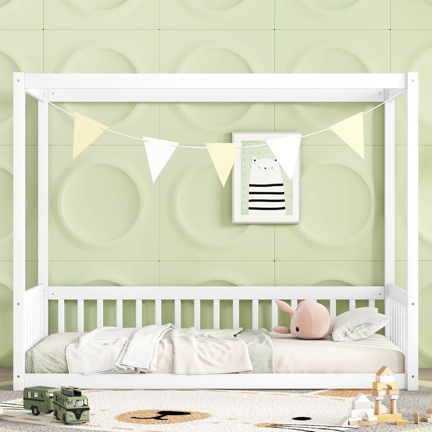 Twin Size Canopy Frame Floor Bed With Fence, Guardrails - White