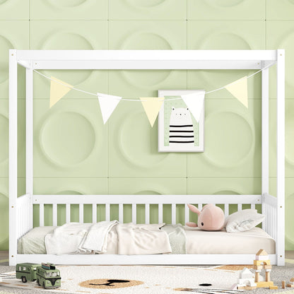 Twin Size Canopy Frame Floor Bed With Fence, Guardrails - White