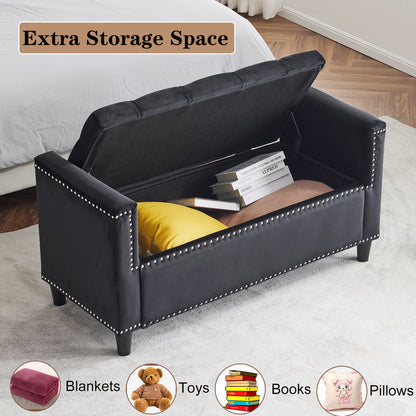 Storage Bench, Queen Velvet Button Bedside Bench, Entryway Living Room With Armrests, Nailhead Trim, Upholstered Bedroom Bench, Bedside Ottoman, Living Room, Entryway - Black