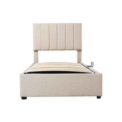 Twin Size Upholstered Platform Bed With A Hydraulic Storage System - Beige
