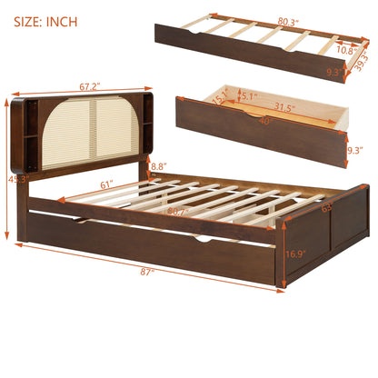 Queen Size Headboard Bed With 2 Drawers And Trundle Walnut