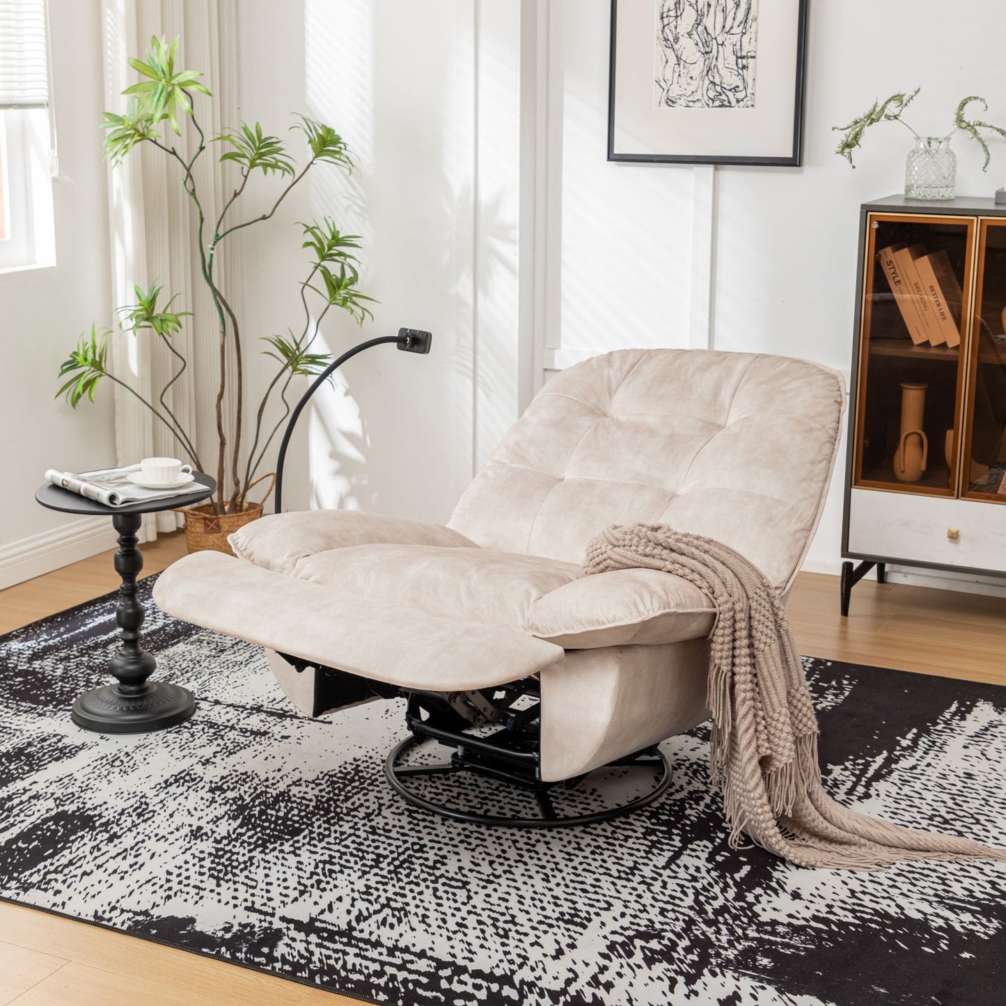 Modern Swivel Gliding Recliner Chair With Rocking Function And Phone Holder - Large Comfortable Reading Chair In Gold Stamped Velvet - Ivory