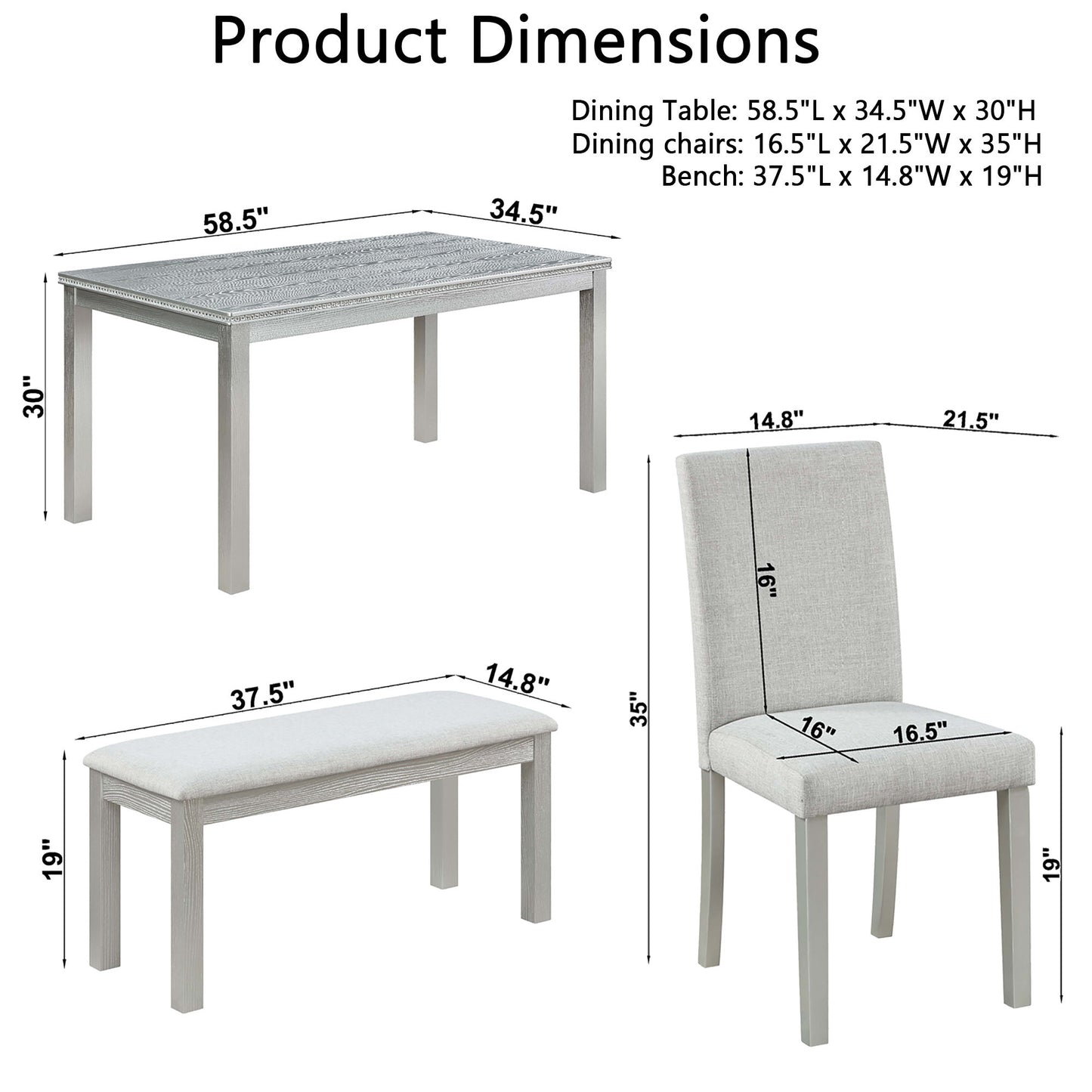 6 Piece Wooden Dining Table Set, Wooden Dining Table With 4 Upholstered Chairs And Bench For 6 People, Rectangular Dining Table Set With Crystal Decoration For Kitchen, Dining Room - Silver Gray