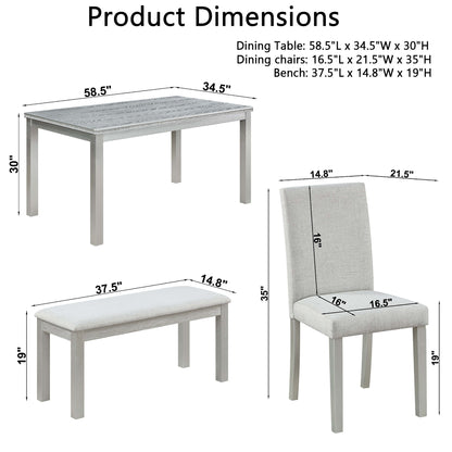 6 Piece Wooden Dining Table Set, Wooden Dining Table With 4 Upholstered Chairs And Bench For 6 People, Rectangular Dining Table Set With Crystal Decoration For Kitchen, Dining Room - Silver Gray