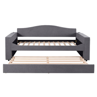 Twin Size Upholstered Daybed With Storage Armrests, Trundle And Latest Integrated Bluetooth Audio System - Gray