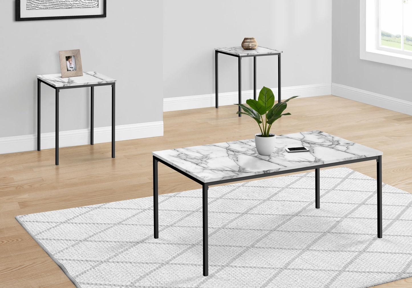 Table Set, Coffee, End, Marble Look Laminate, Contemporary, Modern (Set of 3) - White