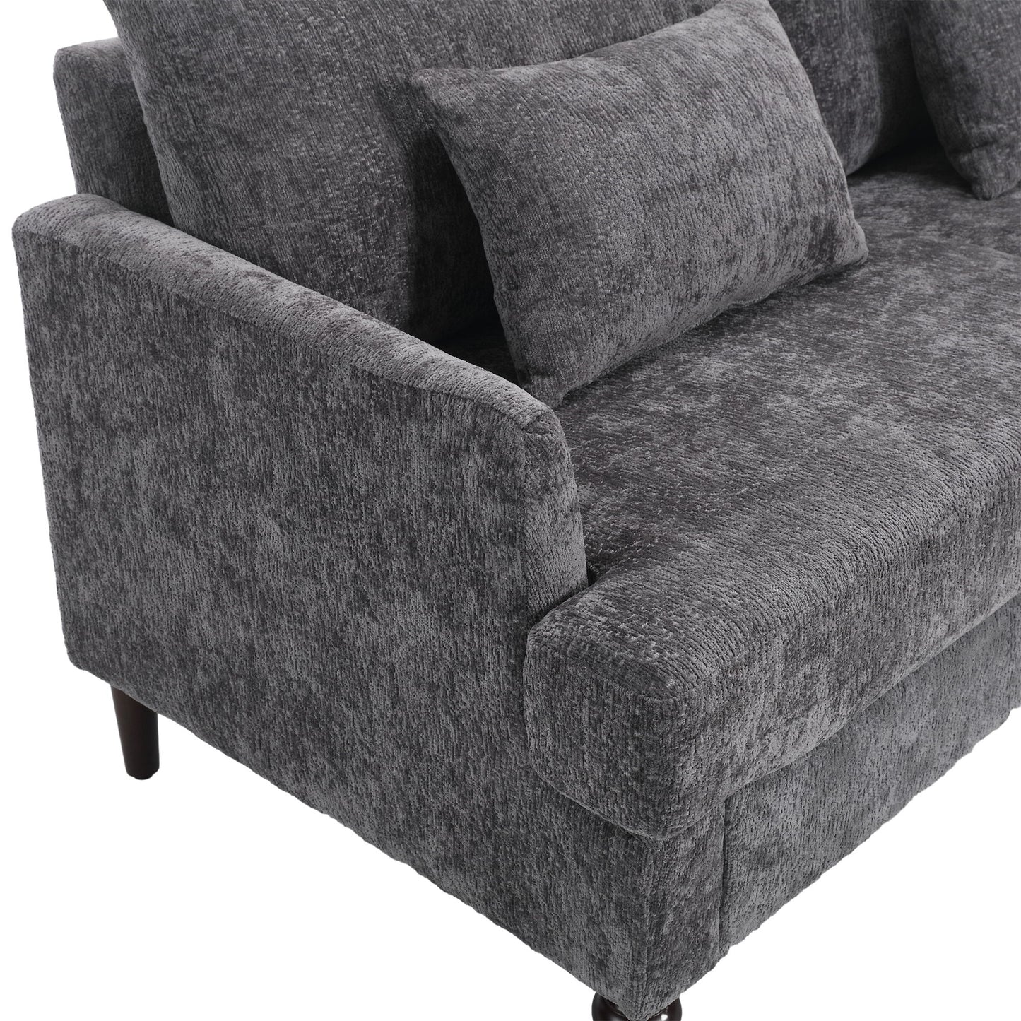 Mid Century Modern Chenille Fabric Loveseat Sofa, 2 Seat Upholstered Couch, Brown Wood Feet - Gray