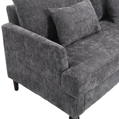 Mid Century Modern Chenille Fabric Loveseat Sofa, 2 Seat Upholstered Couch, Brown Wood Feet - Gray