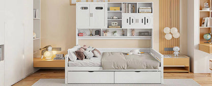 Full Size Daybed With 2 Drawers And All In One Cabinet And Shelf - White