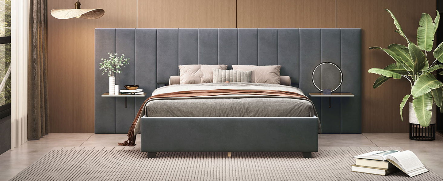 Queen Size Upholstered Platform Bed With Big Headboard - Gray