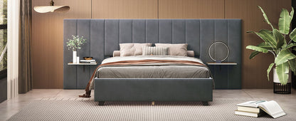 Queen Size Upholstered Platform Bed With Big Headboard - Gray