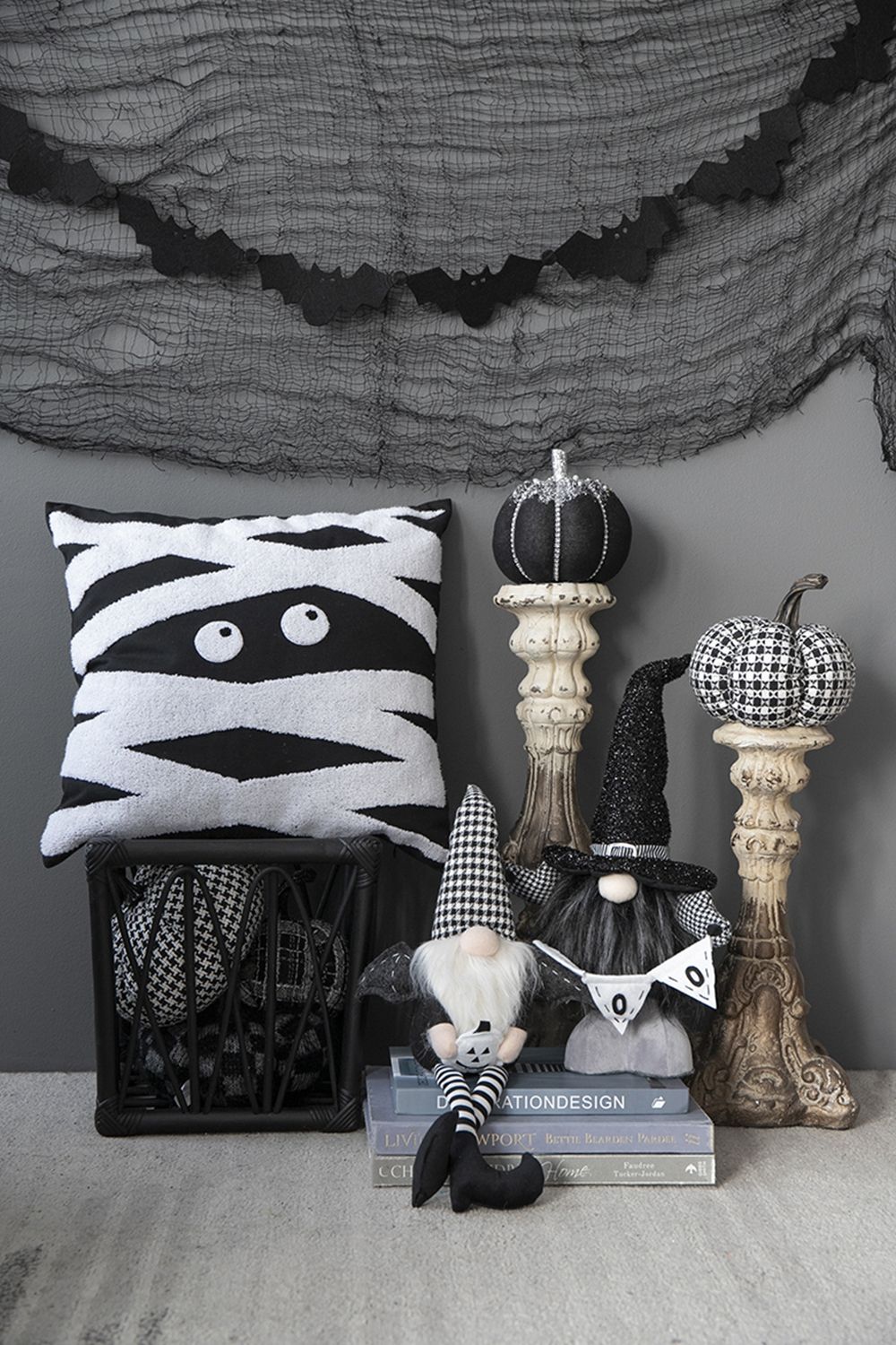 Sitting Gnome With Wings & Plaid Hat, For Halloween Decor - Black White