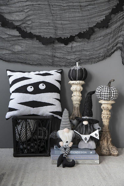 Sitting Gnome With Wings & Plaid Hat, For Halloween Decor - Black White