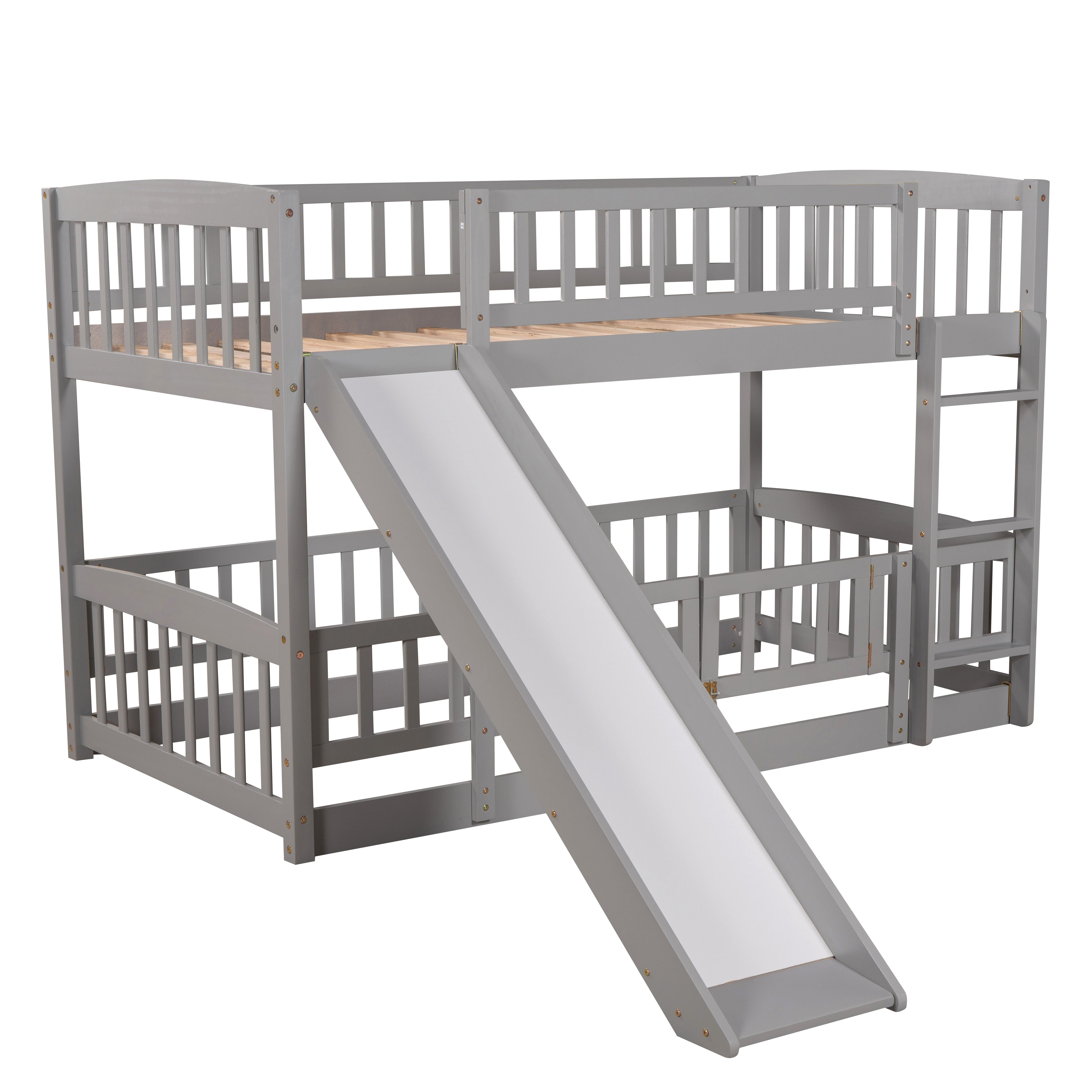 Twin Over Twin Low Bunk Bed With Slide, Fence And Ladder - Gray