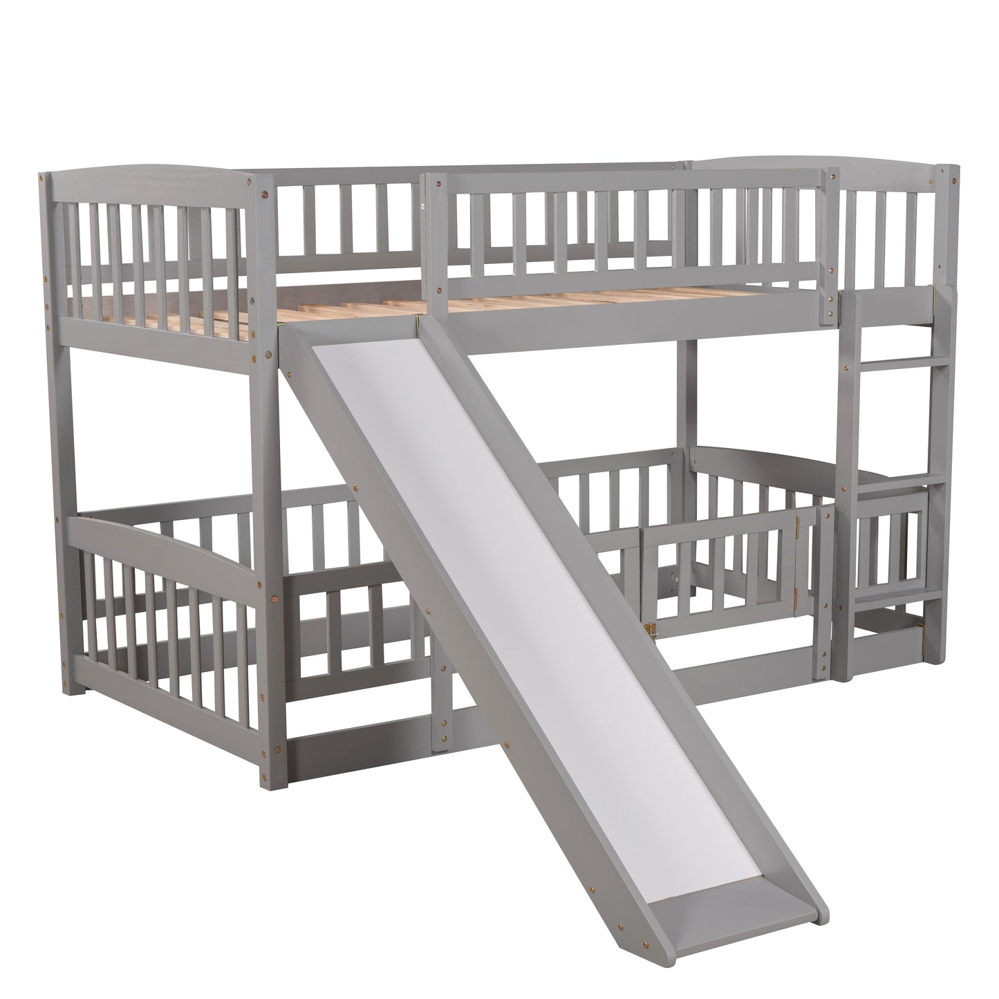Twin Over Twin Low Bunk Bed With Slide, Fence And Ladder - Gray
