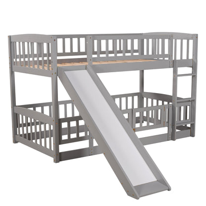 Twin Over Twin Low Bunk Bed With Slide, Fence And Ladder - Gray