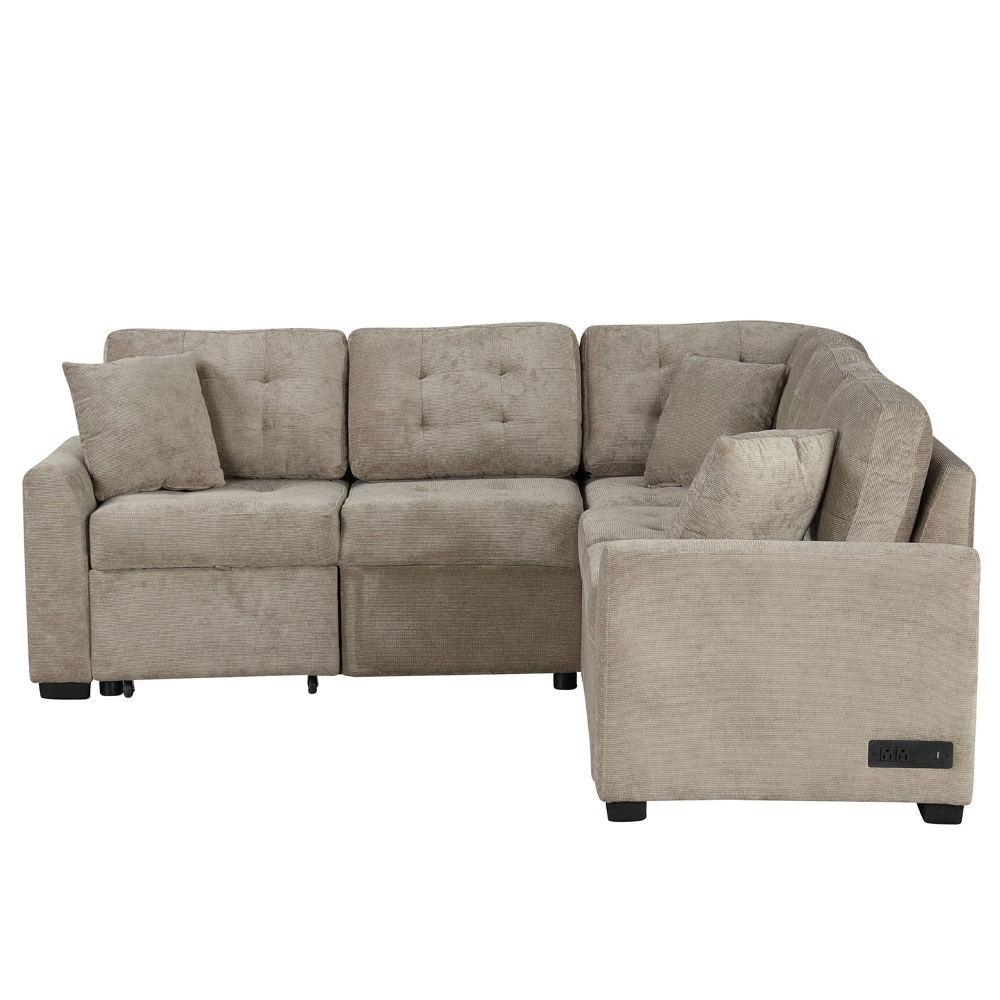 L-Shape Sofa Bed Pull-Out Sleeper Sofa With Wheels, USB Ports, Power Sockets For Living Room - Khaki