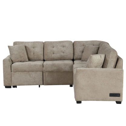 L-Shape Sofa Bed Pull-Out Sleeper Sofa With Wheels, USB Ports, Power Sockets For Living Room - Khaki