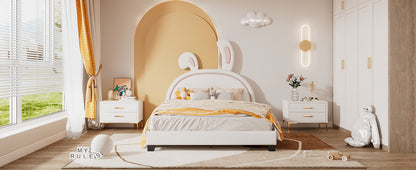 Full Size Upholstered Leather Platform Bed With Rabbit Ornament - White