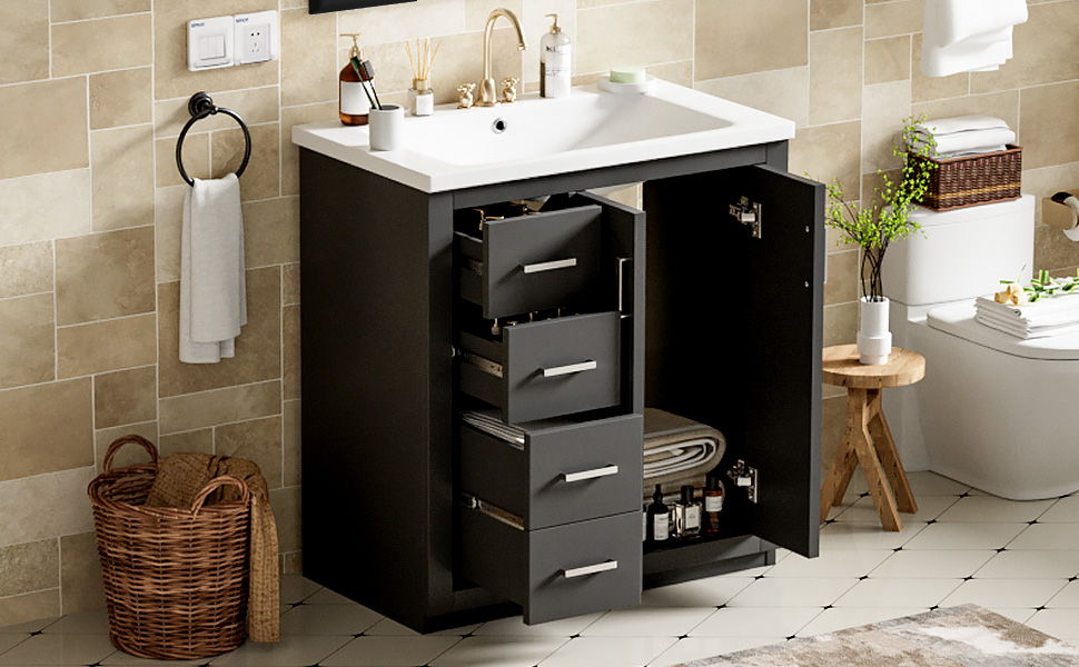 Bathroom Vanity With Ceramic Sink Combo, Frame Bathroom Storage Cabinet, Freestanding Vanity Set With 3 Drawers & Soft Closing Doors - Black