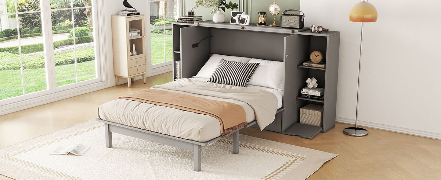 Full Size Murphy Bed With Shelves, Drawers And USB Ports - Gray