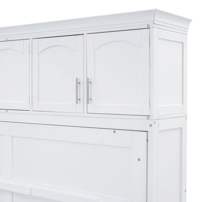 Full Size Space Saving Murphy Wall Bed With Top Cabinets, Flexible Slats - White