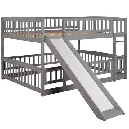 Full Over Full Low Bunk Bed With Slide, Fence And Ladder - Gray
