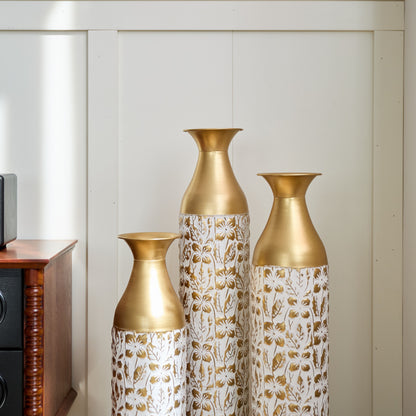 Mother's Day Gift Set Gilded White 3D Relief Flower Metal Vase Set - White / Gold