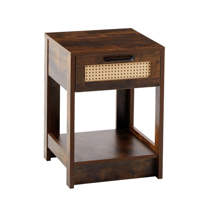 15.75" Rattan End Table With Drawer, Modern Nightstand, Side Table For Living Room, Bedroom - Rustic Brown