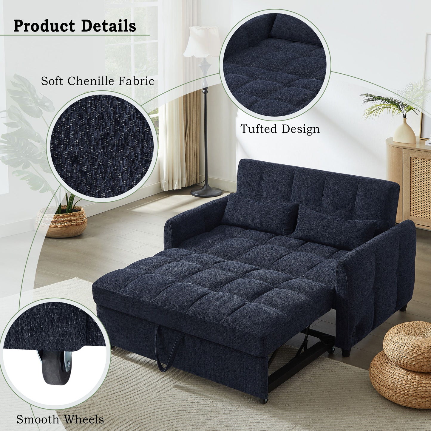 Loveseat Sofa Pull Out Sofa Bed Tufted Sleeper Sofa With An Adjustable Backrest, 3 USB Ports And 2 Lumbar Pillows For Living Room - Blue