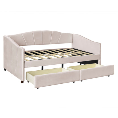 Twin Size Upholstered Daybed With Two Drawers And Slat - Beige