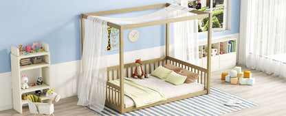 Full Size Canopy Frame Floor Bed With Fence, Guardrails - Natural