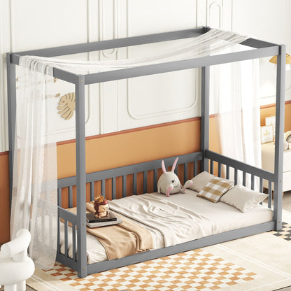 Twin Size Canopy Frame Floor Bed With Fence, Guardrails - Gray