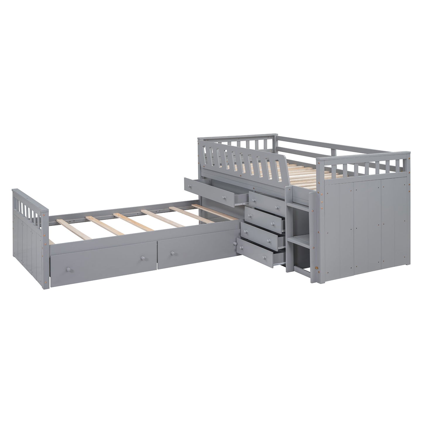 Twin Loft And Platform Bed With 7 Drawers And Full Guardrails, Modern L Shaped Space Saving - Gray