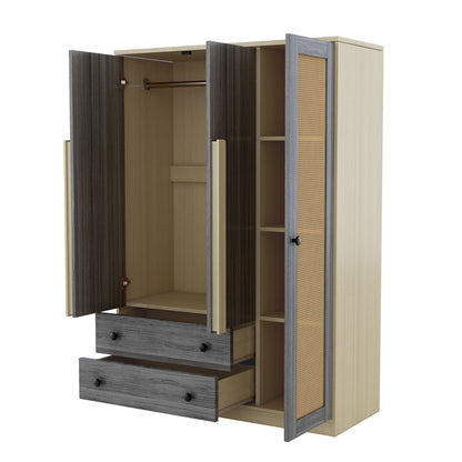 3 Doors Rattan Wardrobe Storage For Bedroom, With 2 Drawers - Gray / Nature