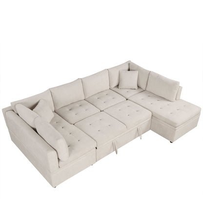Oversized Sectional Sofa U-Shaped Sofa Couch Pull-Out Sofa Bed With Two Throw Pillows For Living Room - Beige