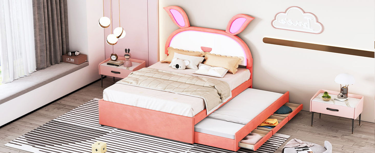 Full Size Upholstered Platform Bed With Trundle And 3 Drawers, Rabbit-Shaped Headboard With Embedded LED Lights - Pink