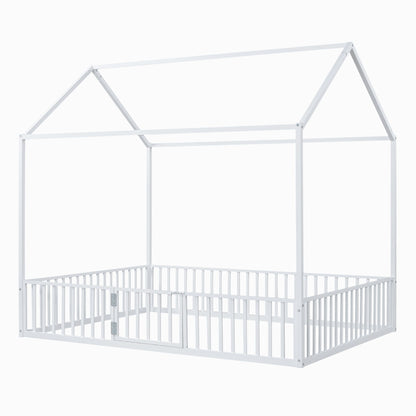 House Bed With Fence And Door - White