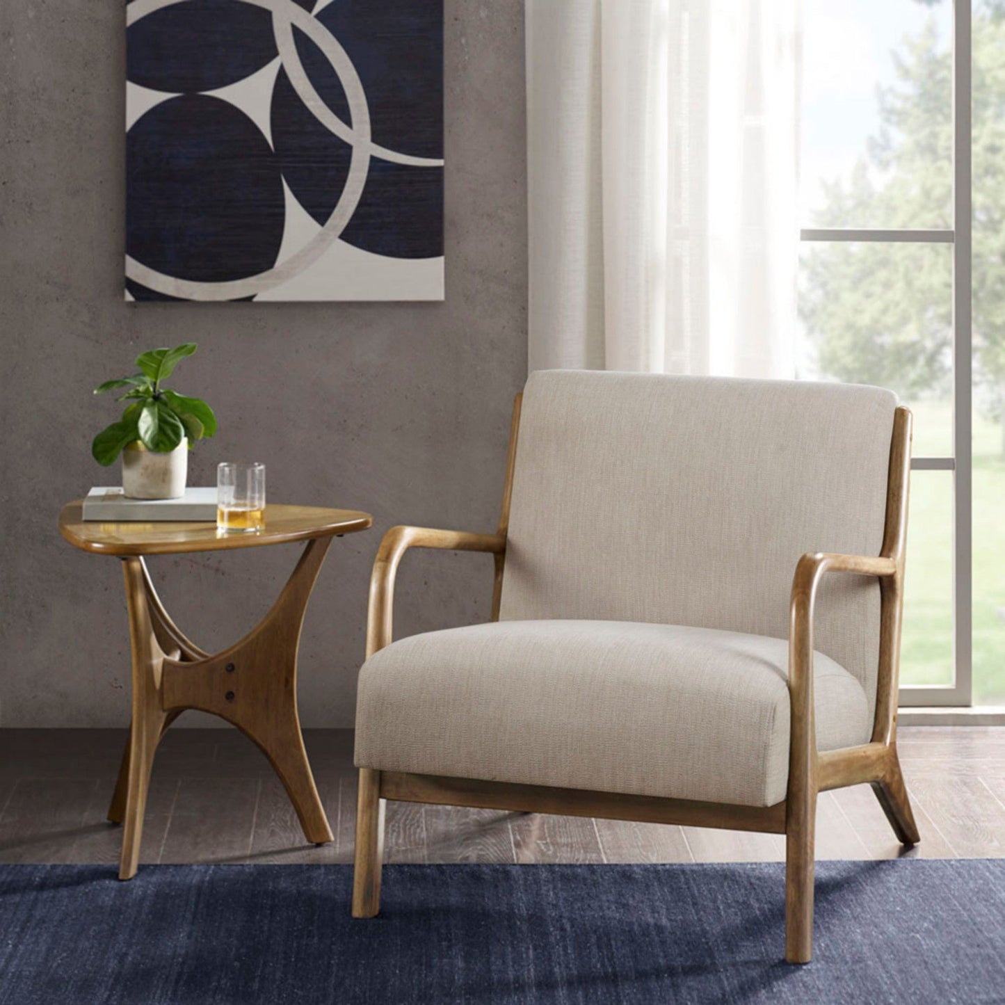 Mid - Century Design Lounge Chair With Upholstered Seat - Cream
