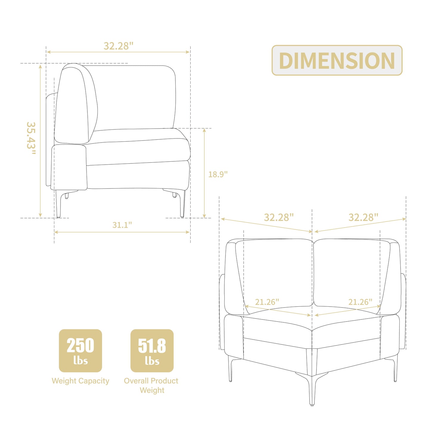 Modular Sectional Sofa Corner Seat, Middle Seat Module Couch - Beige