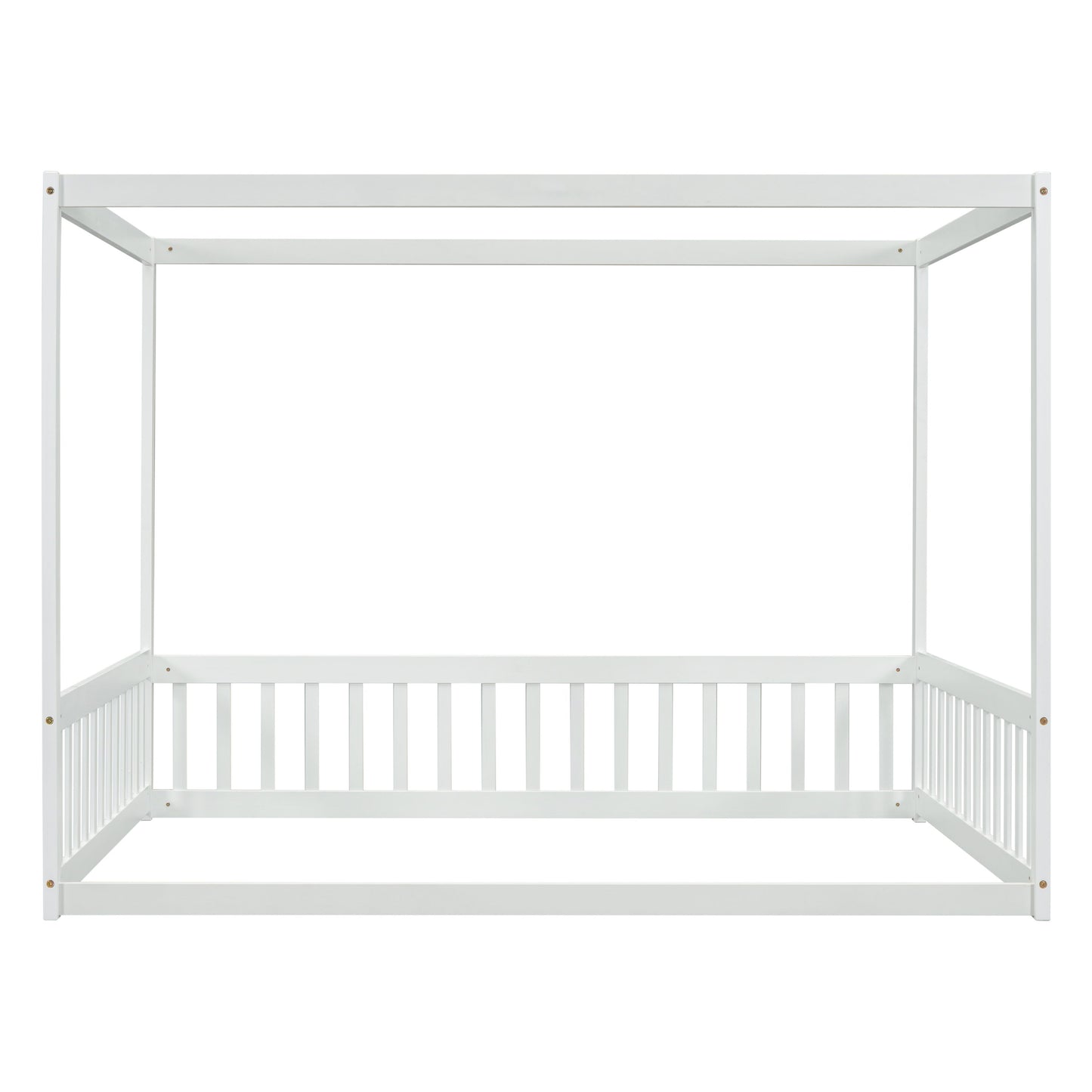 Full Size Canopy Frame Floor Bed With Fence, Guardrails - White