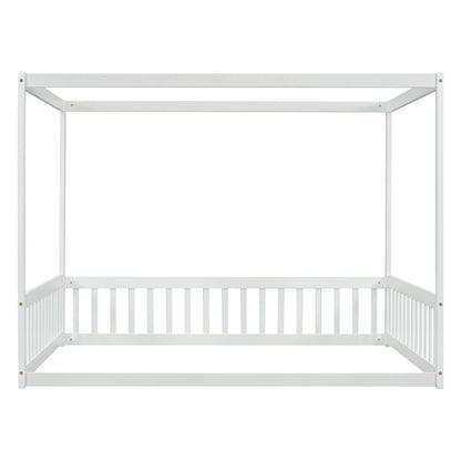 Full Size Canopy Frame Floor Bed With Fence, Guardrails - White