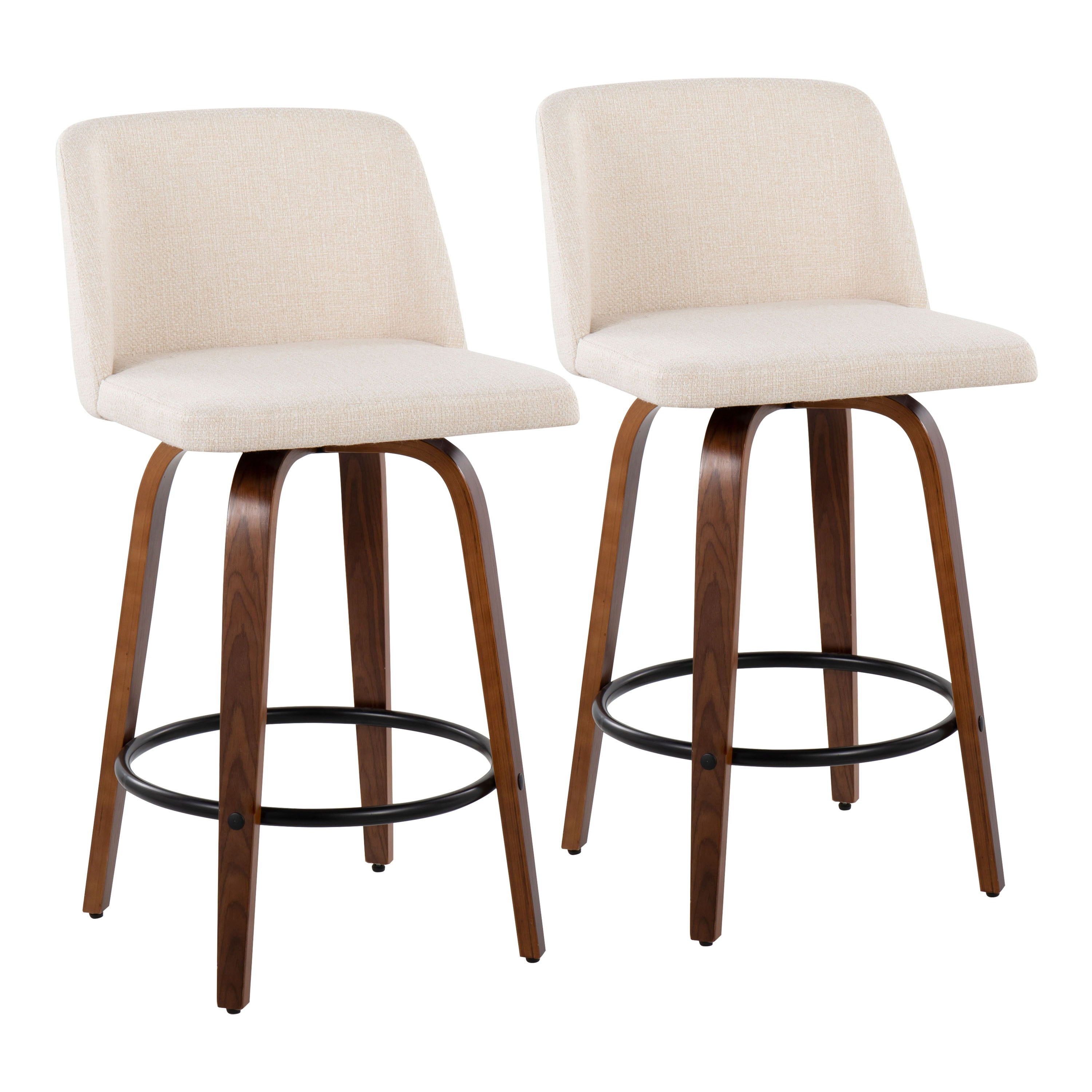 Toriano - Mid-Century Modern Fixed Height Counter Stool & Round Footrest (Set of 2) - Walnut / Cream