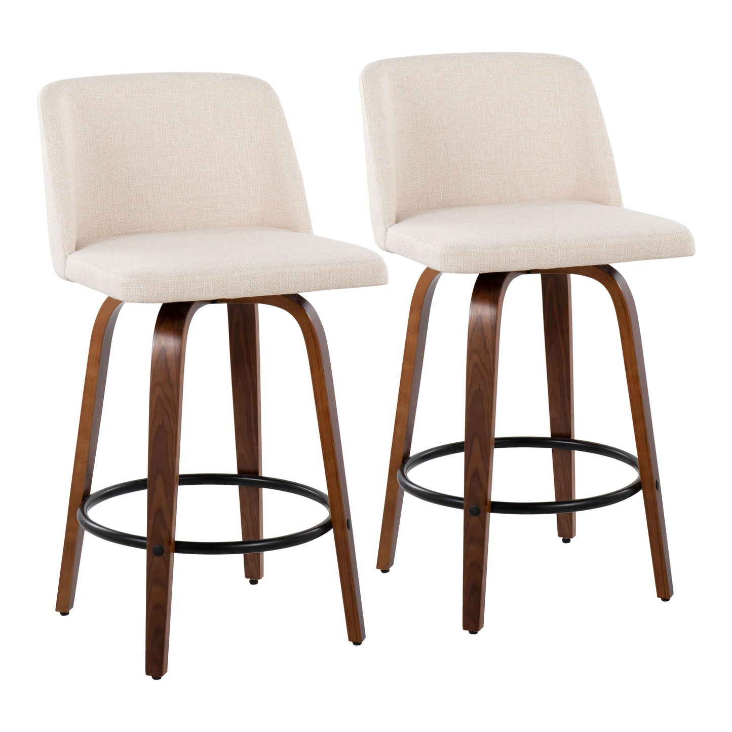 Toriano - Mid-Century Modern Fixed Height Counter Stool & Round Footrest (Set of 2) - Walnut / Cream