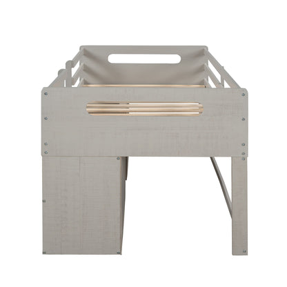 Twin Size Loft Bed With Two Shelves And Two Drawers - Antique Gray