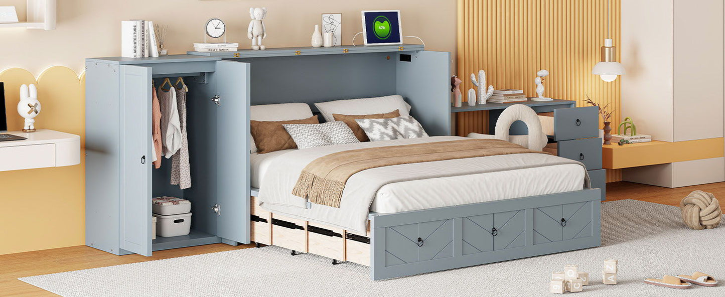 Queen Size Murphy Bed With USB Port, Large Drawer, And Wardrobe / Desk Combo Versatile Cabinet Bed - Gray