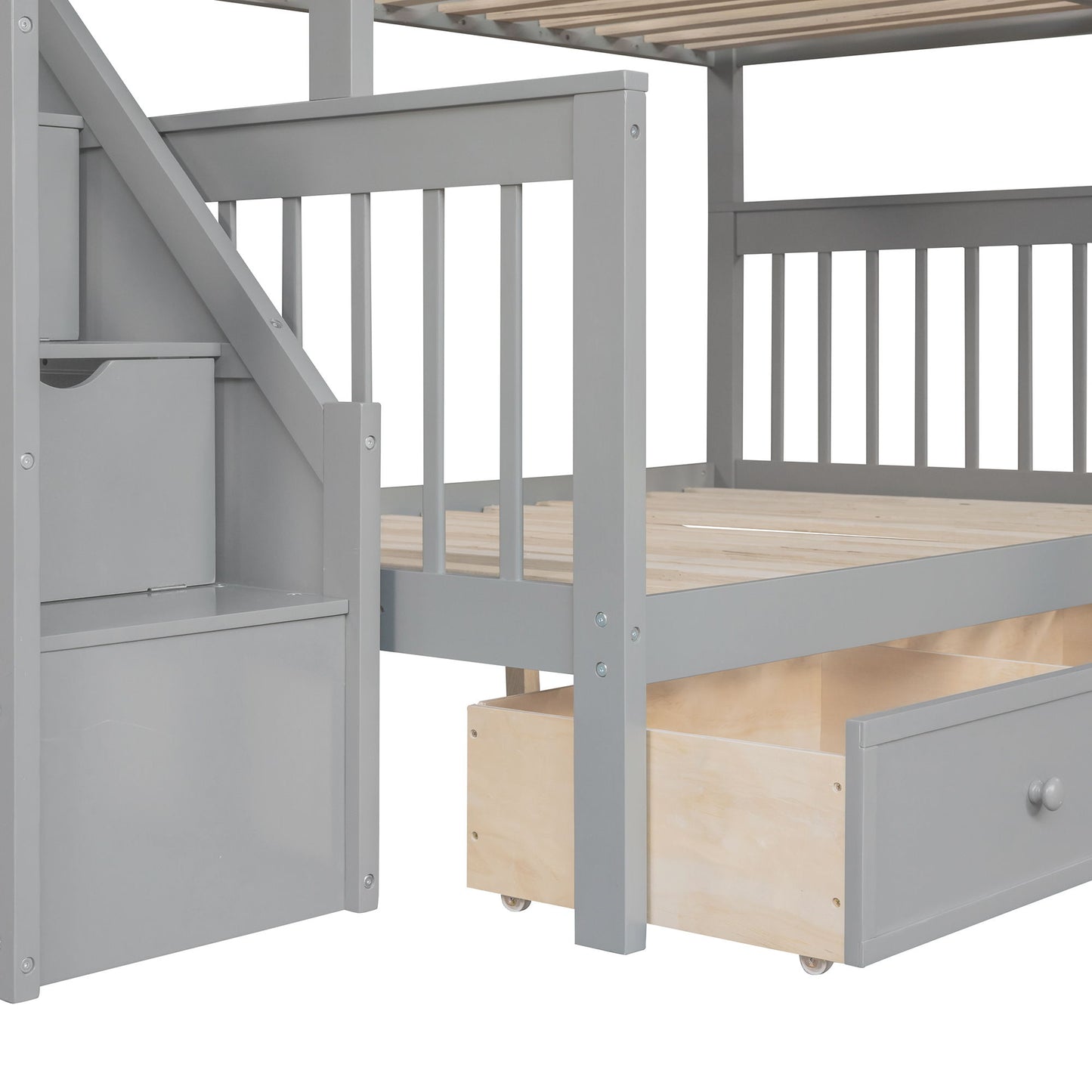 Twin Over Full L Shaped Bunk Bed & 3 Drawers, Ladder And Staircase - Gray